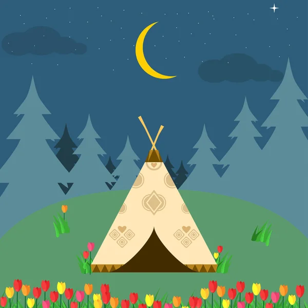 Forest camp with tent. Camping site at night. Hiking — Stock Vector