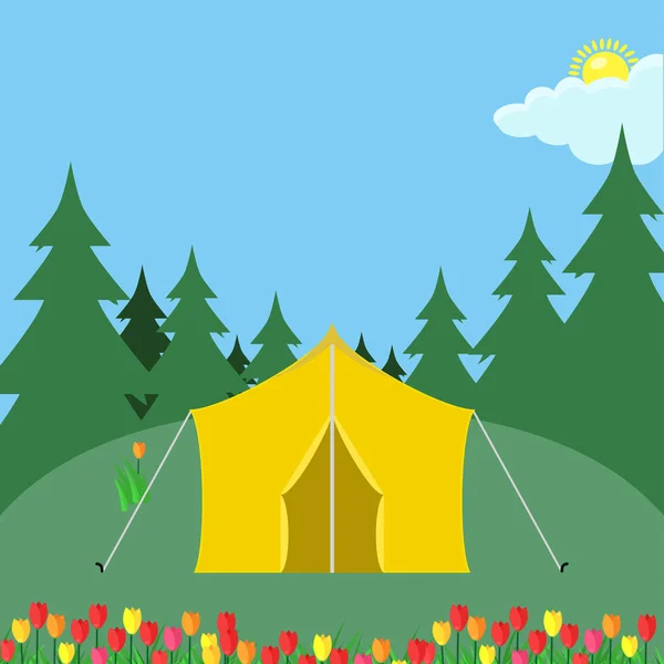 Campo florestal com tenda. Camping local com campo de flores — Vetor de Stock