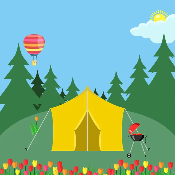 Campamento forestal con tienda. Camping con campo de flores. — Archivo Imágenes Vectoriales