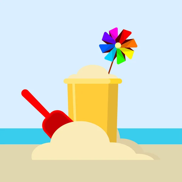 Eimer und Spaten mit Sand isoliert auf Hintergrund. — Stockvektor