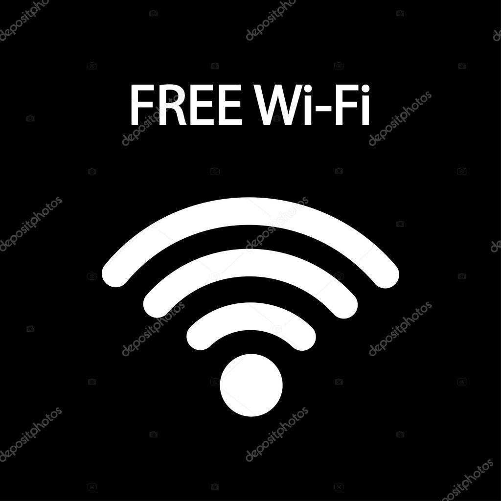 Free WiFi icon isolated on black background. Wireless internet connection concept. Network logo. Vector flat design.