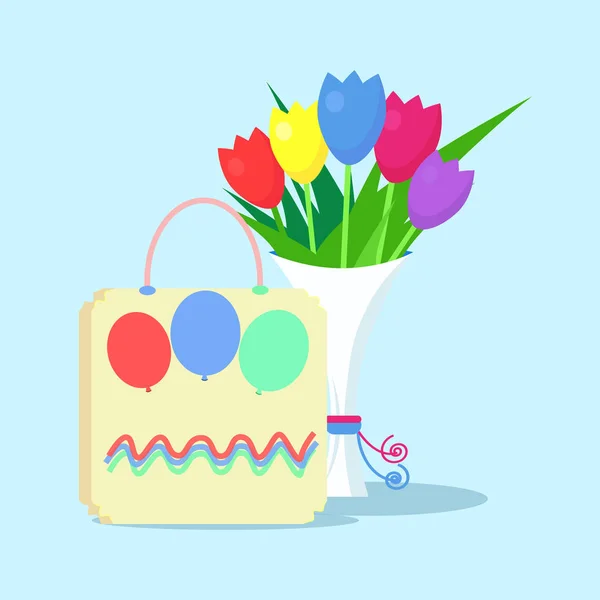 Sac en papier, bouquet de fleurs — Image vectorielle