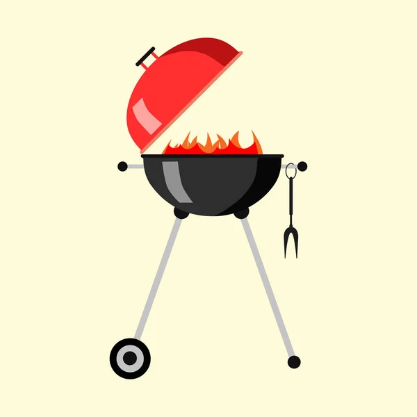 Draagbare ronde barbecue met rode kap en vuur — Stockvector