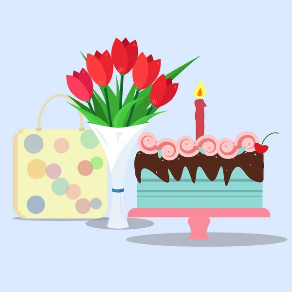 用蜡烛、花束和购物袋烤蛋糕。假日派对 — 图库矢量图片