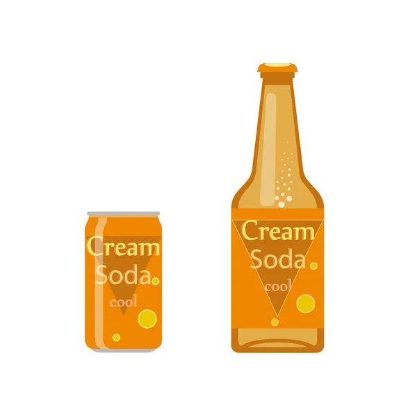 Zachte frisdrank en fles crème cola in aluminium kan geïsoleerd op witte achtergrond. — Stockvector