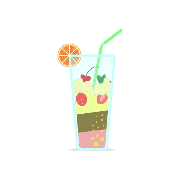 Icono de copa de bebidas, cóctel con paja, naranja, limón — Vector de stock