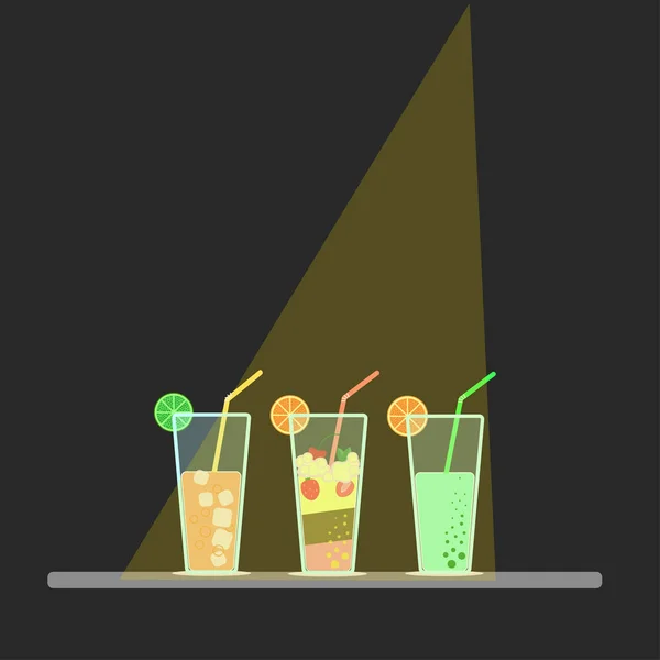 Set de copas icono, cóctel con paja, naranja, limón — Vector de stock
