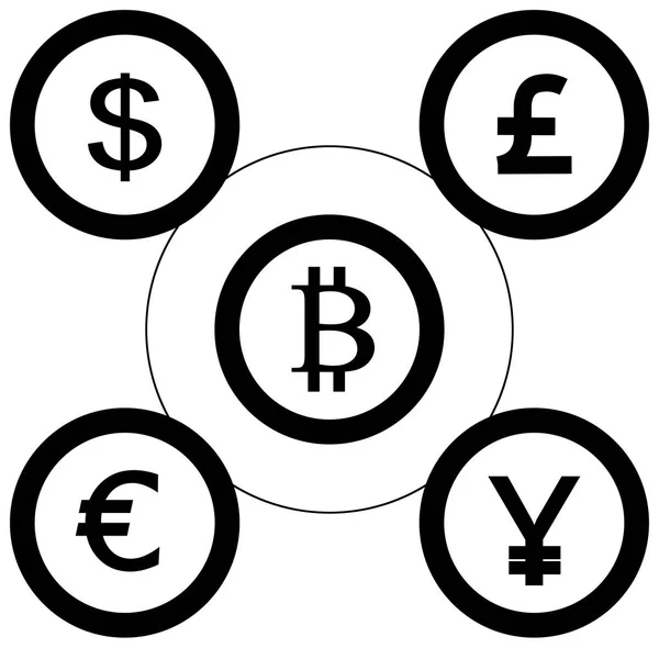 Dolar, euro, Libra, japonský jen, bitcoin znamení, mince izolovaných na w — Stockový vektor