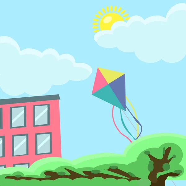 Vliegende kleurrijke vlieger in de wolken met zon, boom, huis geïsoleerd op de achtergrond — Stockvector
