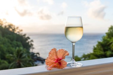 Yazın iki bardak beyaz şarap - romantik tatil kavramı tropikal plaj ve sahil güzel manzaralı rahatlatıcı ile gün batımında romantik anlar