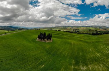 Grup İtalyan selvi yakınındaki San Quirico dorcia - denilen Cipressi di San Quirico dorcia - havadan görünümü - Val dorcia, Toskana, İtalya