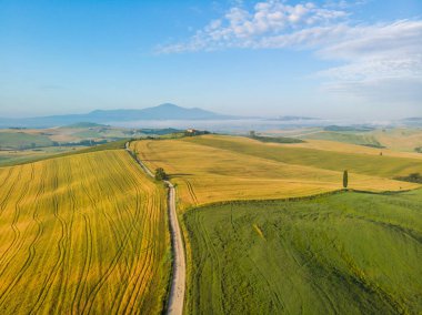 Gladyatör yol selvi ile Terrapille - Toskana, İtalya - selvi ağaçları boyunca ünlü beyaz yolu veya strada Pienza yakınındaki doğru Val d orcia (Orcia Valley) ağaçları bianca - havadan görünümü
