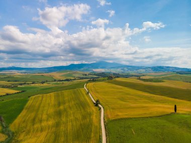 Gladyatör yol selvi ile Terrapille - Toskana, İtalya - selvi ağaçları boyunca ünlü beyaz yolu veya strada Pienza yakınındaki doğru Val d orcia (Orcia Valley) ağaçları bianca - havadan görünümü