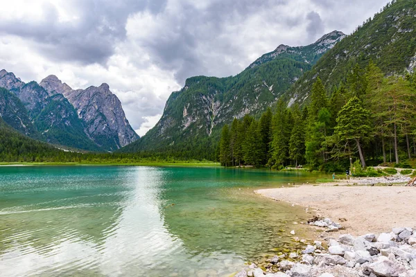 Lac Dobbiaco Toblacher See Lago Dobbiaco Dans Les Alpes Dolomites — Photo