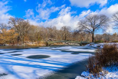 Yay köprü kışın güneşli gün, Central Park, Manhattan, New York City, Amerika Birleşik Devletleri