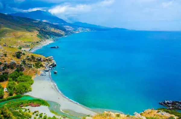 Praia Preveli Mar Líbia Floresta Rios Palmeiras Costa Paradisíaca Sul — Fotografia de Stock