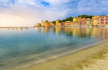 Sestri Levante - Paradise Bay of Silence with its boats and its lovely beach. Beautiful coast at Province of Genoa in Liguria, Italy, Europe. clipart