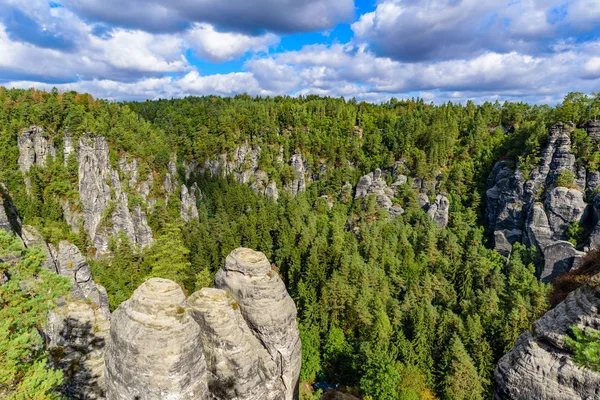 Панорама Перегляд Формування Красивою Скеля Bastei Саксонської Швейцарії Національного Парку — стокове фото