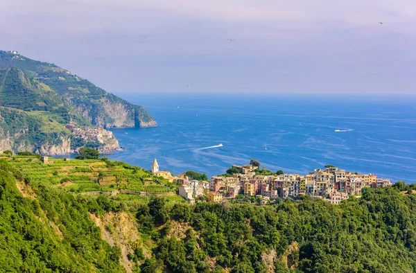 Corniglia Parku Narodowego Miejscowości Cinque Terre Wybrzeżu Włoch Tle Widać — Zdjęcie stockowe