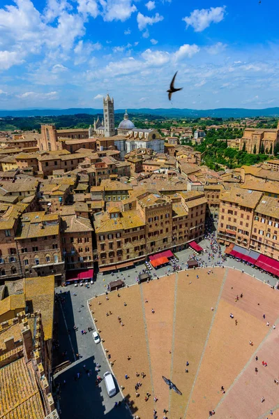 Piazza del Campo, Siena - Hava görünümünü güzel manzara manzara ile tarihi kent gün güneşli yaz Toskana, İtalya - Avrupa Ortaçağ hill town Siena eyaletinin kuleli duvarlı