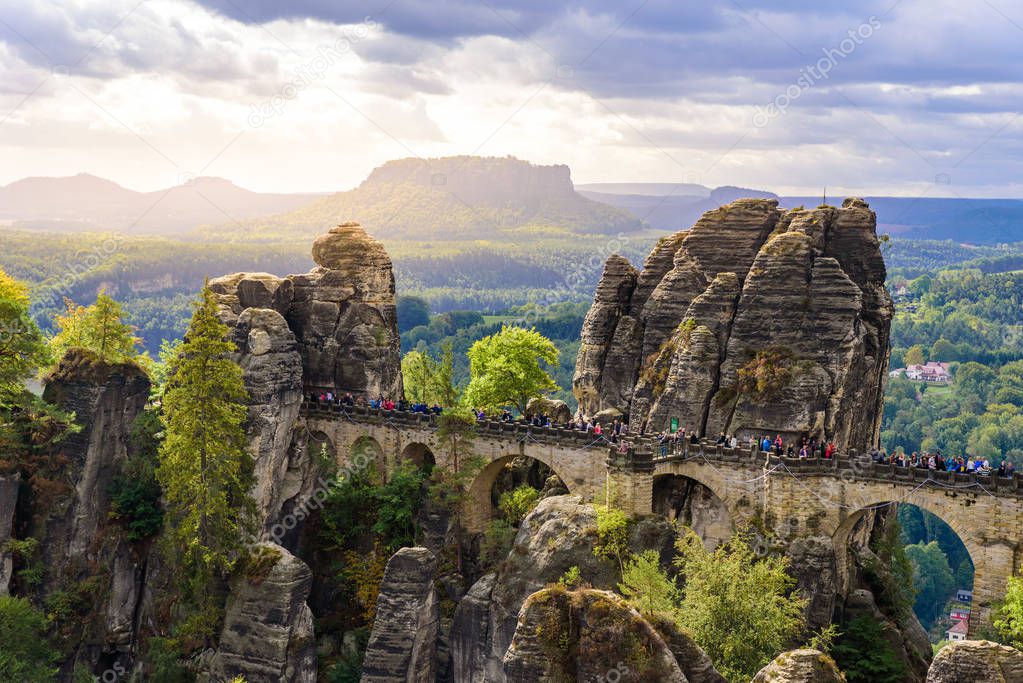 Panorama view on the Bastei bridge. Bastei is famous for the beautiful rock formation in Saxon Switzerland National Park, near Dresden and Rathen - Germany. Popular travel destination in Saxony.