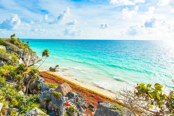 Paradiso Paesaggio Tulum Sulla Costa Tropicale Sulla Spiaggia Rovine Maya — Foto Stock