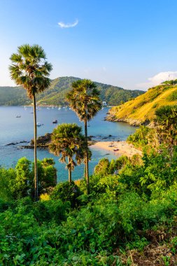 Yanui Beach Nai Harn Beach ve Promthep Cape Phuket, Tayland arasında yer alan bir cennet koy var. Günbatımında bir güneşli yaz gününde.
