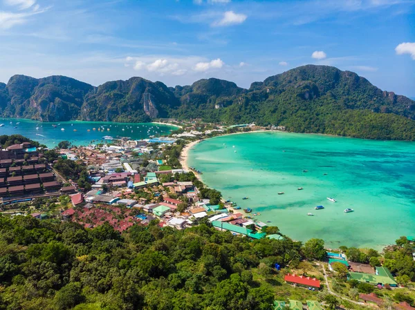 Koh Phi Phi Don - Amazing view of bay in andaman sea from View Point. Paradise coast of tropical island Phi-Phi Don. Krabi Province, Thailand. Travel vacation background.