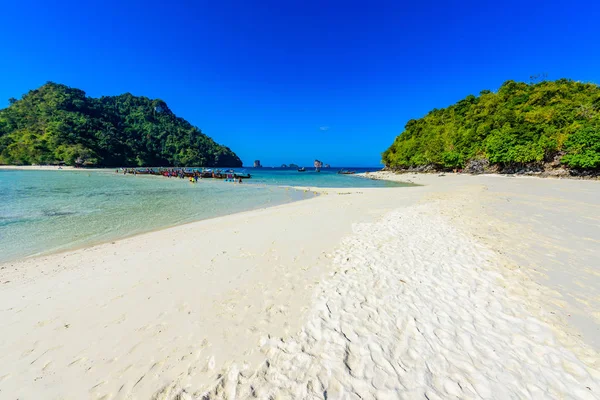 View to Chicken island. Paradise beach which connects 3 tropical islands together (Koh Kai, Koh Tup & Koh Mor). Andaman sea, Krabi province, Thailand.