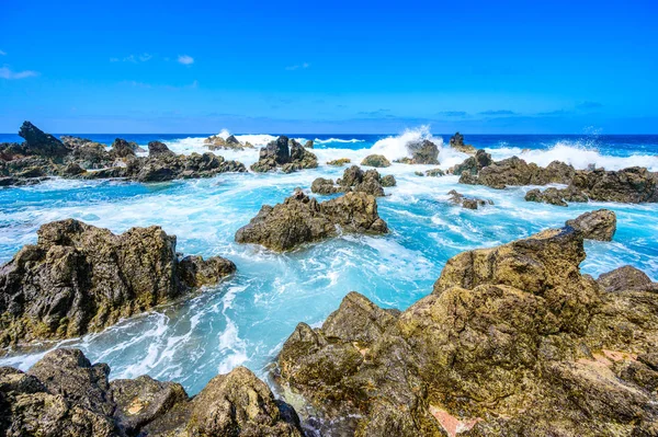 Porto Moniz Doğal Volkanik Yüzme Lagün Havuzları Tatil Için Seyahat — Stok fotoğraf