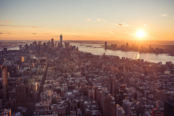 View from observation deck on Empire State Building at sunset - Lower Manhatten Downtown, New York City, USA