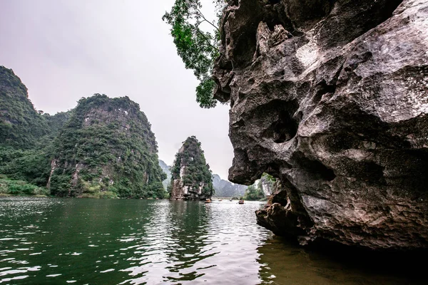 Boat Cave Tour Trang Scenic Landscape Formed Karst Towers Plants — Stock Photo, Image
