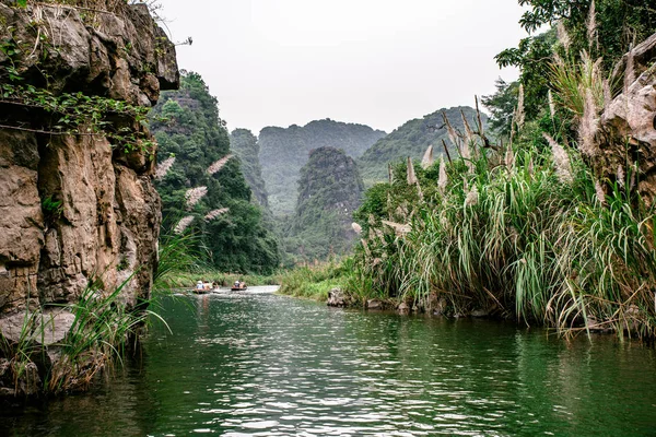 Boat Cave Tour Trang Scenic Landscape Formed Karst Towers Plants — Stock Photo, Image