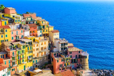 Cinque Terre Milli Parkı'ndaki Manarola Köyü'nde renkli evler. İtalya kıyılarında güzel bir manzara. La Spezia eyaletinde balıkçı köyü, Liguria, İtalya