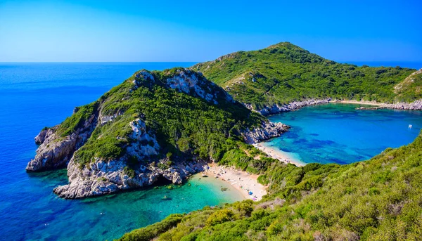 Porto Timoni Beach Afionas Двосторонній Рай Чистою Блакитною Водою Корфу — стокове фото