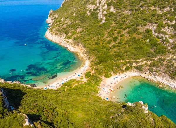 Praia Porto Timoni Afionas Uma Praia Dupla Paradisíaca Com Águas — Fotografia de Stock