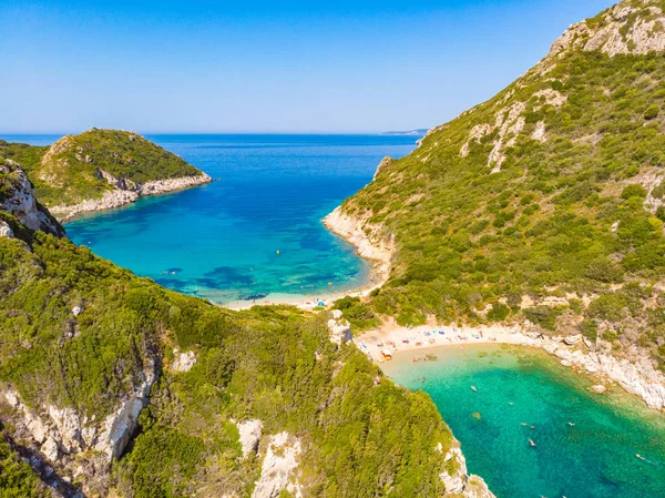 Praia Porto Timoni Afionas Uma Praia Dupla Paradisíaca Com Águas — Fotografia de Stock