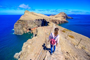 Güzel bir patikada yürüyen yürüyüşçü - Portekiz 'in Madeira Adası, Ponta de Sao Lourenco' daki kayalıklar ve vahşi sahil manzarası