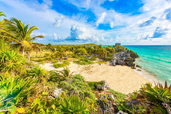 Mayské Zříceniny Tulum Tropické Pobřeží Bůh Větru Chrám Paradise Beach — Stock fotografie