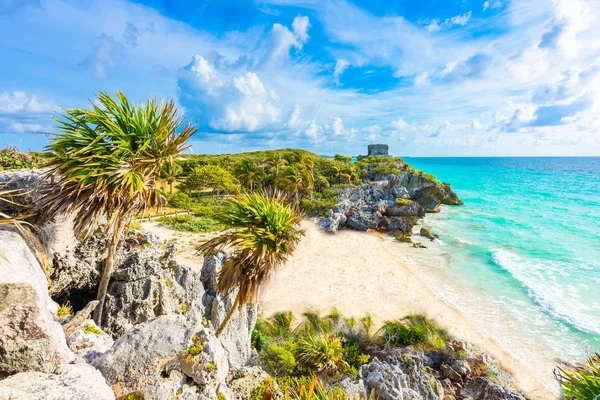 Mayan Ruins Tulum Tropical Coast God Winds Temple Paradise Beach — Stock Photo, Image