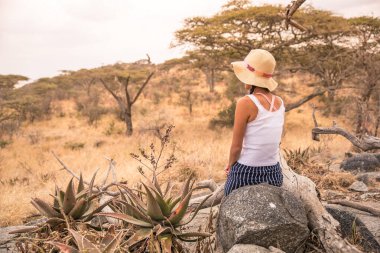 Kız gün batımında Serengeti ovasına bakıyor, Tanzanya - Afrika 'da Safari