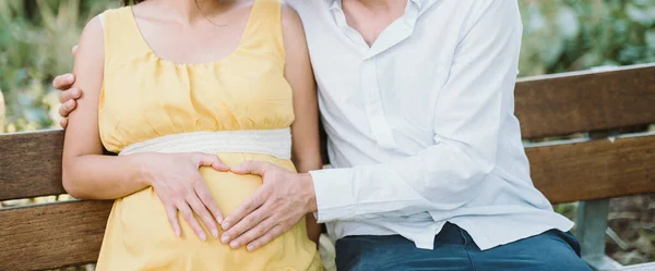 Joven Pareja Embarazada Esperando Hijo Felices Momentos Familiares Naturaleza Padre — Foto de Stock