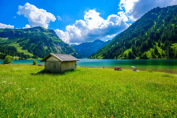 Vilsalpsee Jezioro Vilsalp Tannheimer Tal Piękne Górskie Krajobrazy Alpach Tannheim — Zdjęcie stockowe