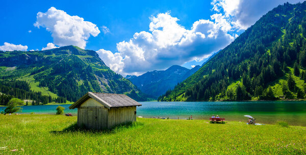 Vilsalpsee (Vilsalp Lake) at Tannheimer Tal, beautiful mountain scenery in Alps at Tannheim, Reutte, Tirol - Austria