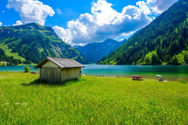 Vilsalpsee Vilsalp Lake Tannheimer Tal Belas Paisagens Montanha Alpes Tannheim — Fotografia de Stock