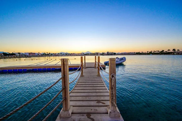 Drewniany Pomost Morzu Czerwonym Hurghadzie Zachodzie Słońca Egipt Podróże Afryce — Zdjęcie stockowe