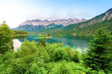 Eibsee Gölü 'nün ortasında Zugspitze Dağı' yla çam ağaçları olan küçük adalar. Cennet plajlı güzel manzara ve Alman Alpleri, Bavyera, Almanya, Avrupa 'daki berrak mavi su.