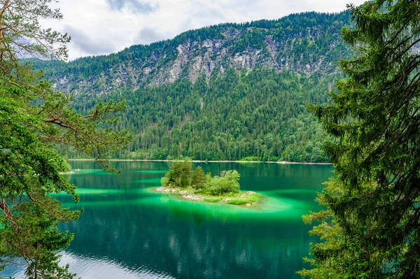 Zugspitze山とEibsee湖の真ん中に松の木がある小さな島 パラダイスビーチとドイツアルプス バイエルン ドイツ ヨーロッパの澄んだ青い水と美しい風景 — ストック写真