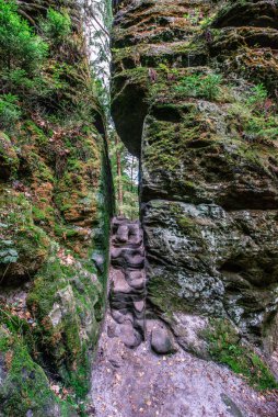Bastei Ulusal Parkı 'ndaki Schwedenloecher Vadisi' nde yürüyüş. İsviçre, Elbe Nehri üzerindeki Elbe Kum Taşı Dağları, Almanya..