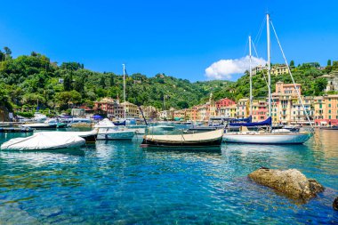 Portofino, İtalya - Küçük körfezde renkli evleri ve yatı olan liman kasabası. Liguria, Cenova bölgesi, İtalya. Yaz mevsiminde güzel deniz manzaralı İtalyan balıkçı köyü.